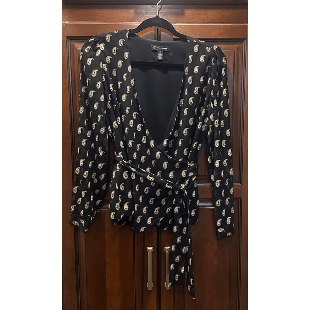 INC International Concepts Black and Gold Top with Elegant Design, Sheer Sleeves